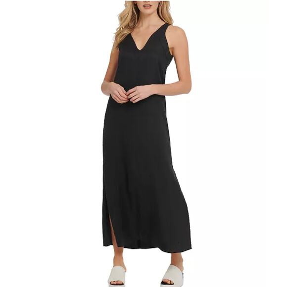 DKNY Pure Linen V-neck Maxi Dress size XL, Black | NEW $115 - Picture 1 of 7